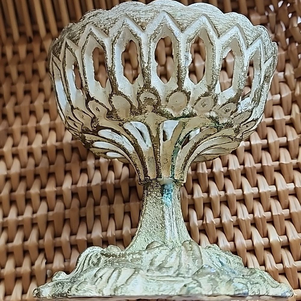 Vintage Distressed Metal Candleholder Cutwork Chalice with Felted Bottom